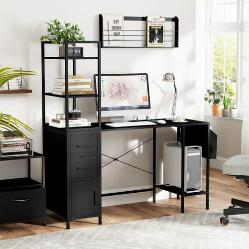 Office Desk with LED Lights and Power Outlets Computer Desk with Open Shelves-Black