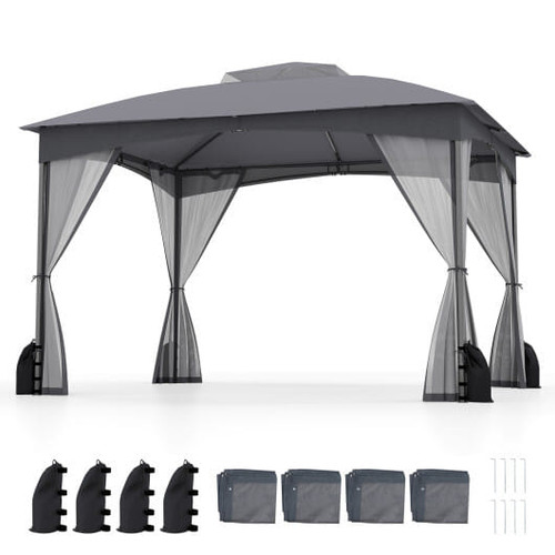 10 X 12 FT Patio Gazebo with Netting Walls with 4 Sandbags-Gray