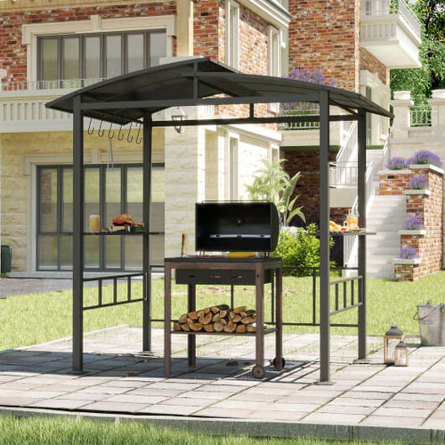 Hardtop Grill Gazebo with Vented Polycarbonate Roof Side Shelves-Black
