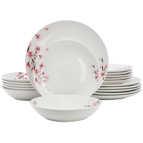 Elama Tamara 18 Piece Cherry Blossom Porcelain Dinnerware Set, Service for 6 in White and Pink