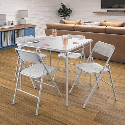 5-Piece Square Folding Dining Table and 4 Chairs Set in Grey