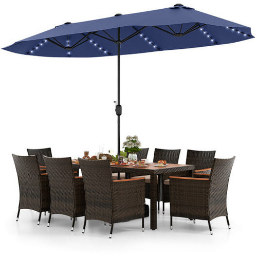 11 Pieces Patio Dining Set with 15 Feet Double-Sided Patio Umbrella and Base-Beige