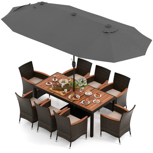 11 Pieces Patio Dining Set with 15 Feet Double-Sided Patio Umbrella and Base-Beige
