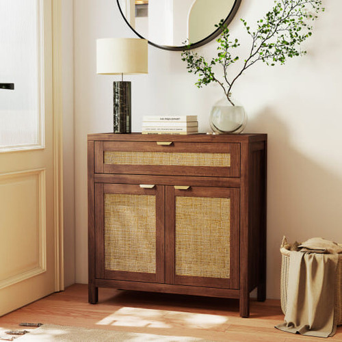 Sideboard Storage Cabinet with Rattan Doors and Drawer-Brown