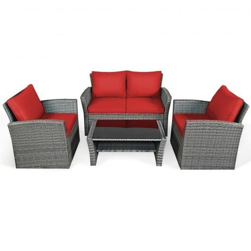 4 Pieces Patio Rattan Furniture Set Sofa Table with Storage Shelf Cushion-Gray