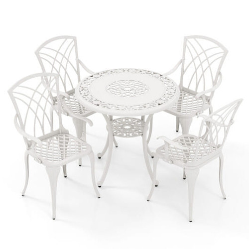 5 Piece Patio Cast Aluminum Dining Table Chair Set Bistro Set with Umbrella Hole-White