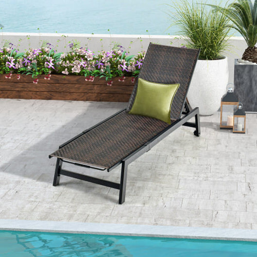 Patio PE Rattan Chaise Lounge with 5-Level Backrest and Wheels-Brown