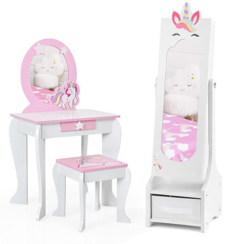 Kids Princess Vanity Table and Stool Set with Jewelry Cabinet and Mirror Drawer-White
