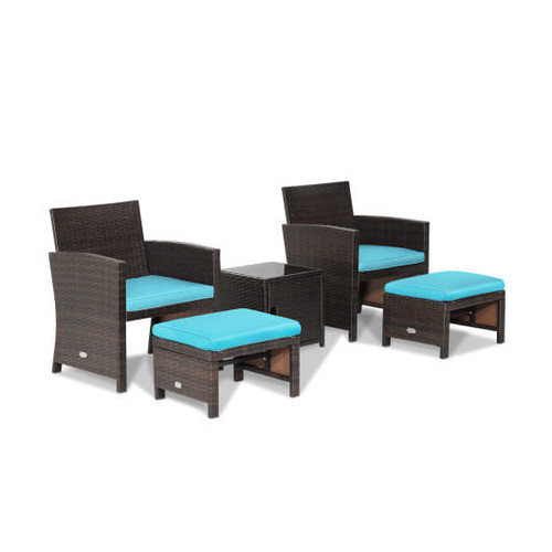 5 Pieces Patio Rattan Furniture Set with Ottoman and Tempered Glass Coffee Table-Gray