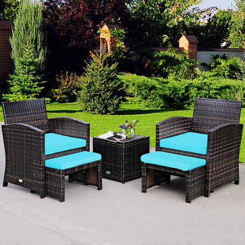 5 Pieces Patio Rattan Furniture Set with Ottoman and Tempered Glass Coffee Table-Gray