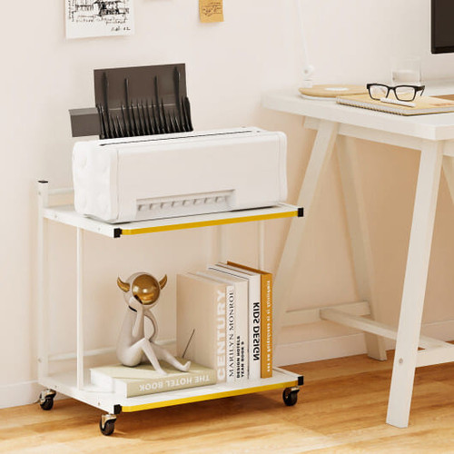 Mobile Side Table 2-Tier Rolling End Table with Open Shelves & Golden Trimmed Edges-White