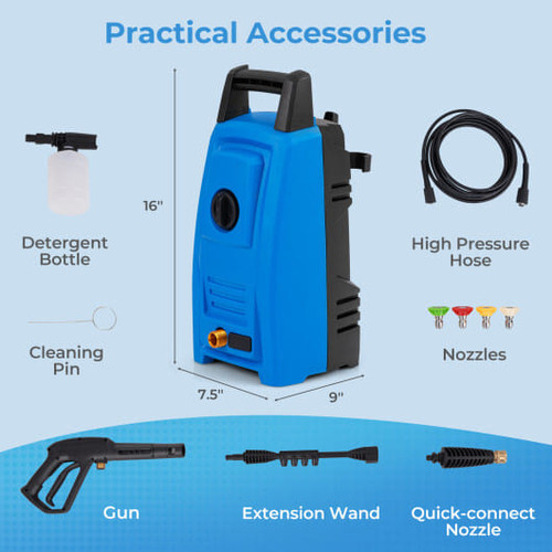 1900 PSI 1.8 GPM Electric Pressure Washer with 4 Quick Connect Nozzles-Blue