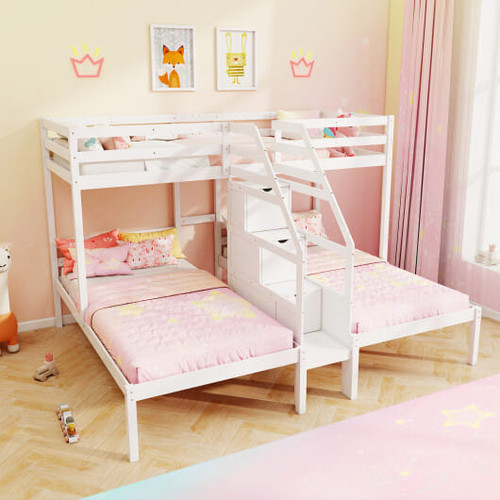 Twin Over Twin and Twin Bunk Bed with Storage Staircase and Guardrail for 3 Kids Teens-White