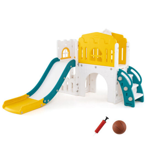 9-in-1 Toddler Slide L-Shaped with Basketball Hoop and Steering Wheel-Yellow