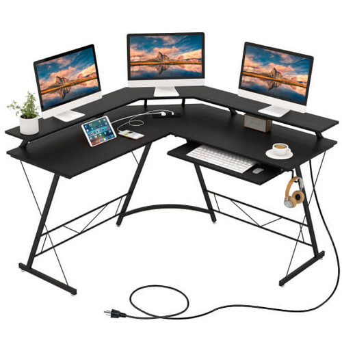 L-shaped Computer Desk with Power Outlet and Monitor Stand-Rustic Brown