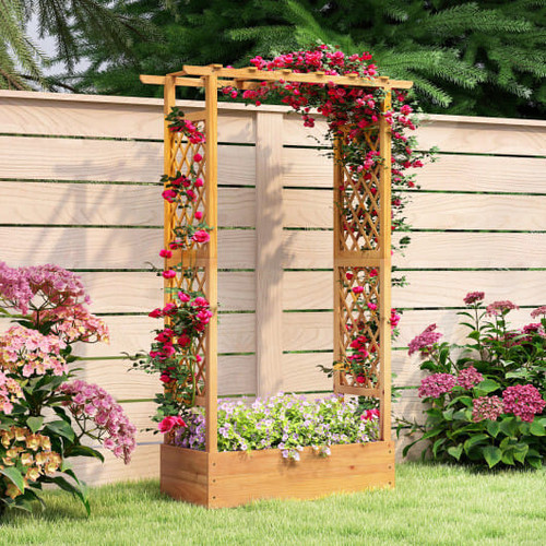 70 Inch Wooden Raised Garden Bed with Lattice Trellis-Natural