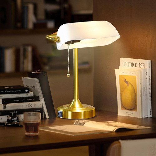 Vintage USB Bankers Lamp Desk Light with Gold Base and White Shade