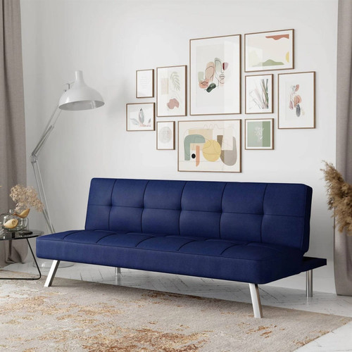 Modern Futon Sofa Bed in Navy Blue Fabric with Chrome Metal Legs