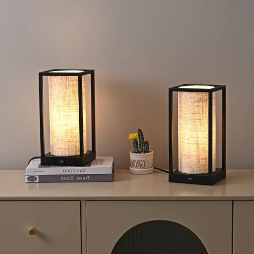 Set of 2 - Modern Japanese Style USB Table Lamp with Beige Linen Shade