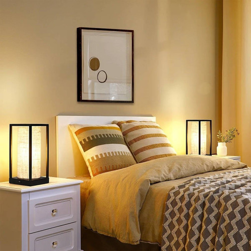 Set of 2 - Modern Japanese Style USB Table Lamp with Beige Linen Shade