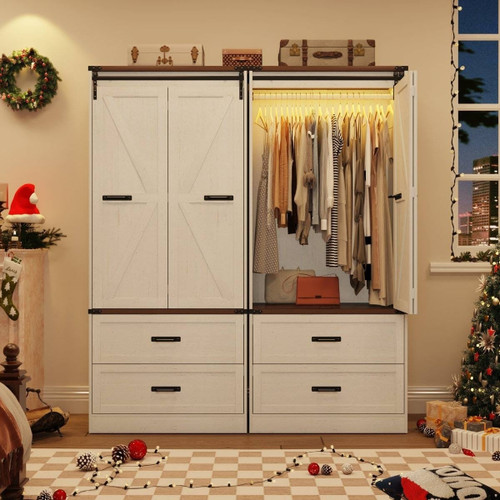 White Farmhouse Armoire Wardrobe Closet with Sliding Barn Doors