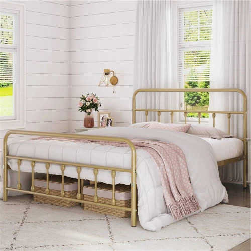 Full size Vintage Antique Gold Metal Platform Bed Frame with Headboard Footboard