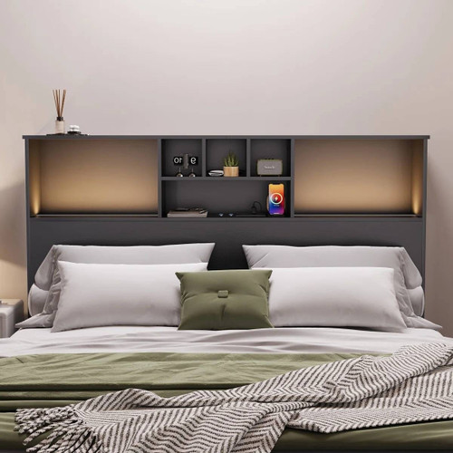 Queen size Bookcase Headboard in Black Wood Finish with LED Lights