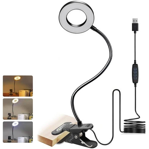 Clip-On Gooseneck Desk Lamp with LED Ring Light in Black
