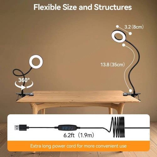 Clip-On Gooseneck Desk Lamp with LED Ring Light in Black