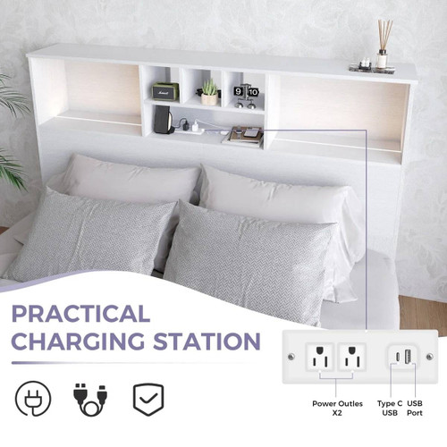 Queen size Bookcase Headboard in White Wood Finish with LED Lights