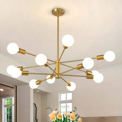 Gold 33-inch Modern 12-Light Dimmable Sputnik Chandelier Lamp