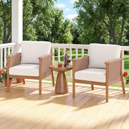 Patio Acacia Wood Chair Set of 2 with Woven Rope Armrests and Seat Back Cushions for Backyard-White