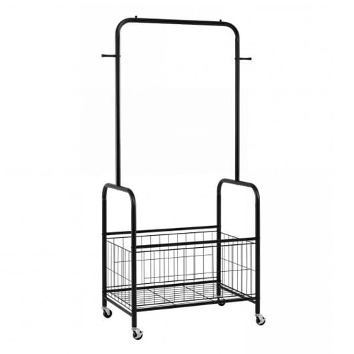 Rolling Metal Clothes Rack with Hanging Rod and Storage Basket-Black