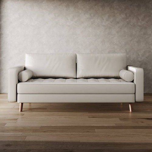 Ivory Upholstered Faux Leather Sofa w/ Pillows Solid Hardwood Legs
