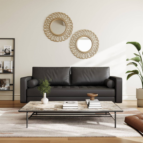 Black Upholstered Faux Leather Sofa w/ Pillows Solid Hardwood Legs