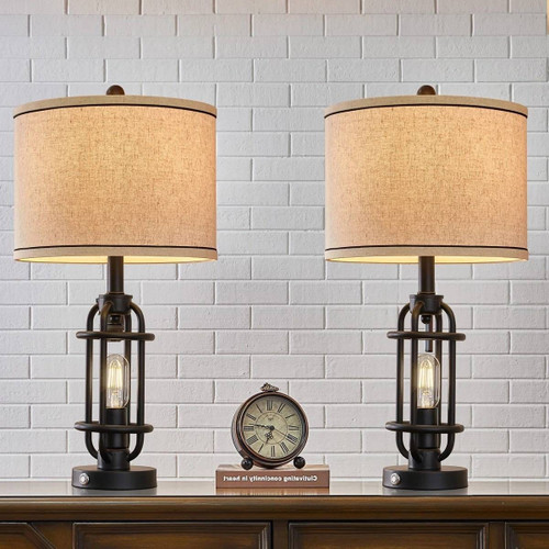 Set of 2 - Farmhouse Dimmable Touch USB Table Lamp with Beige Linen Drum Shade