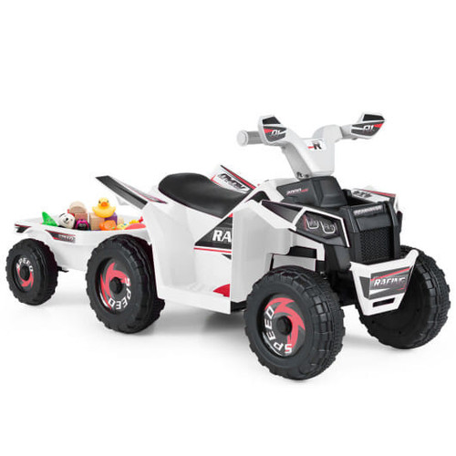 6V Kids Electric ATV Quad Car with Detachable Trailer-White