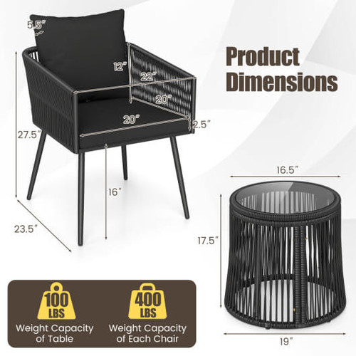 3-Piece Outdoor Furniture Set with Cushions for Porch Garden-Black