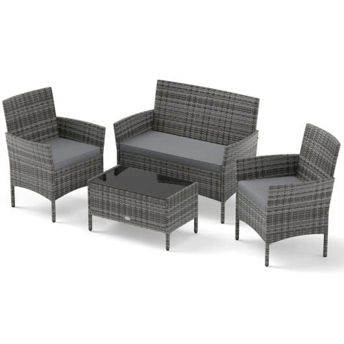 4 Pieces Patio Rattan Conversation Set with Tempered Glass Coffee Table-Gray