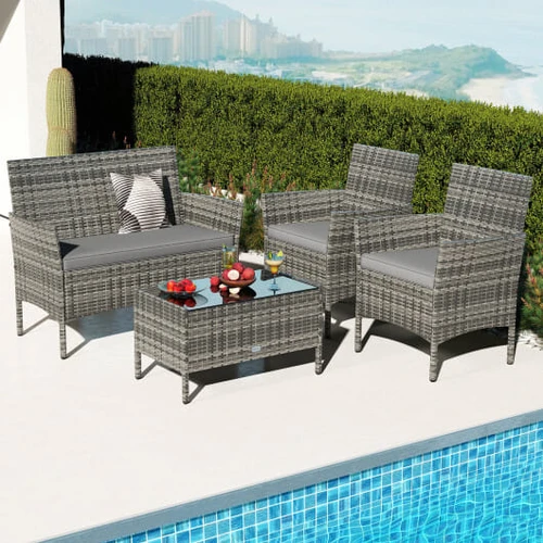 4 Pieces Patio Rattan Conversation Set with Tempered Glass Coffee Table-Gray