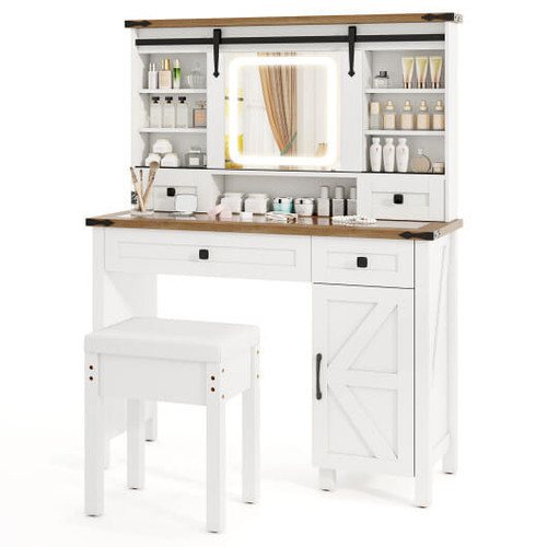 Makeup Vanity Desk with Mirror and 3-Color Dimmable LED Lights-White