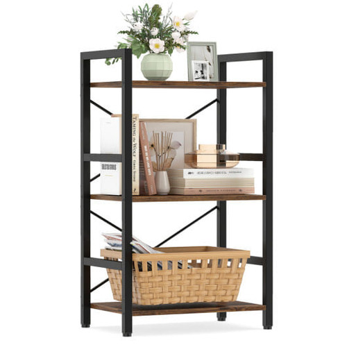 4-Tier Bookshelf with Metal Frame and Wooden Storage Racks for Study-Rustic Brown