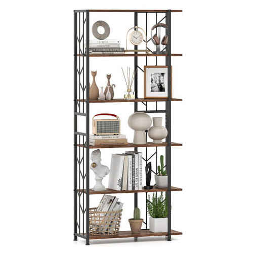 6-Tier Bookshelf Modern Geometric Bookcase with Heavy-duty Metal Frame and Anti-tipping Kits-Rustic