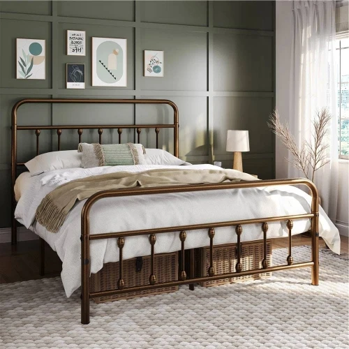 Queen size Vintage Bronze Metal Platform Bed Frame with Headboard and Footboard