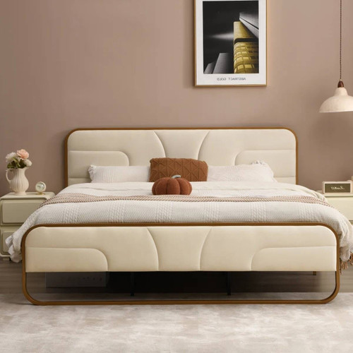 Queen Beige Upholstered Headboard Footboard Platform Bed with Gold Metal Frame