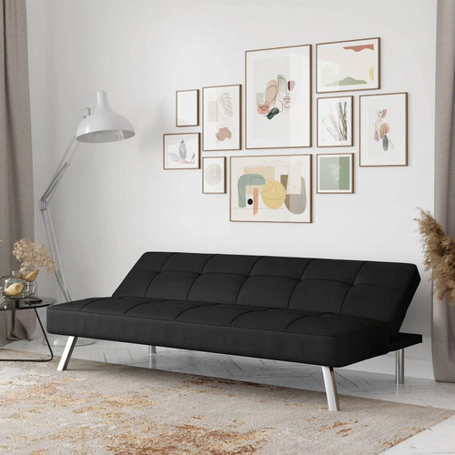 Modern Futon Sofa Bed in Black Fabric with Chrome Metal Legs