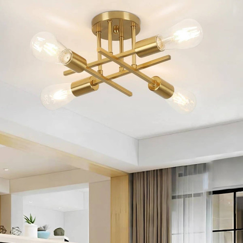 4-Light Flush Mount Modern Sputnik Ceiling Light Fixture in Brass Finish