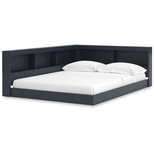 Full size Blue Wooden Corner Storage Bed with Bookcase Headboard and USB Ports