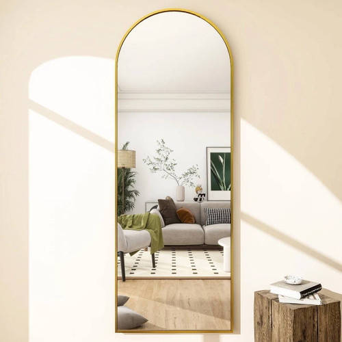 Gold 64-inch Full Length Arched Floor Mirror with Stand and Wall Hanging Screws