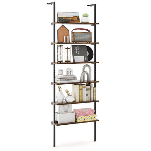 6-tier Ladder Shelf 72 Inches Industrial Wall Mounted Bookshelf-Rustic Brown